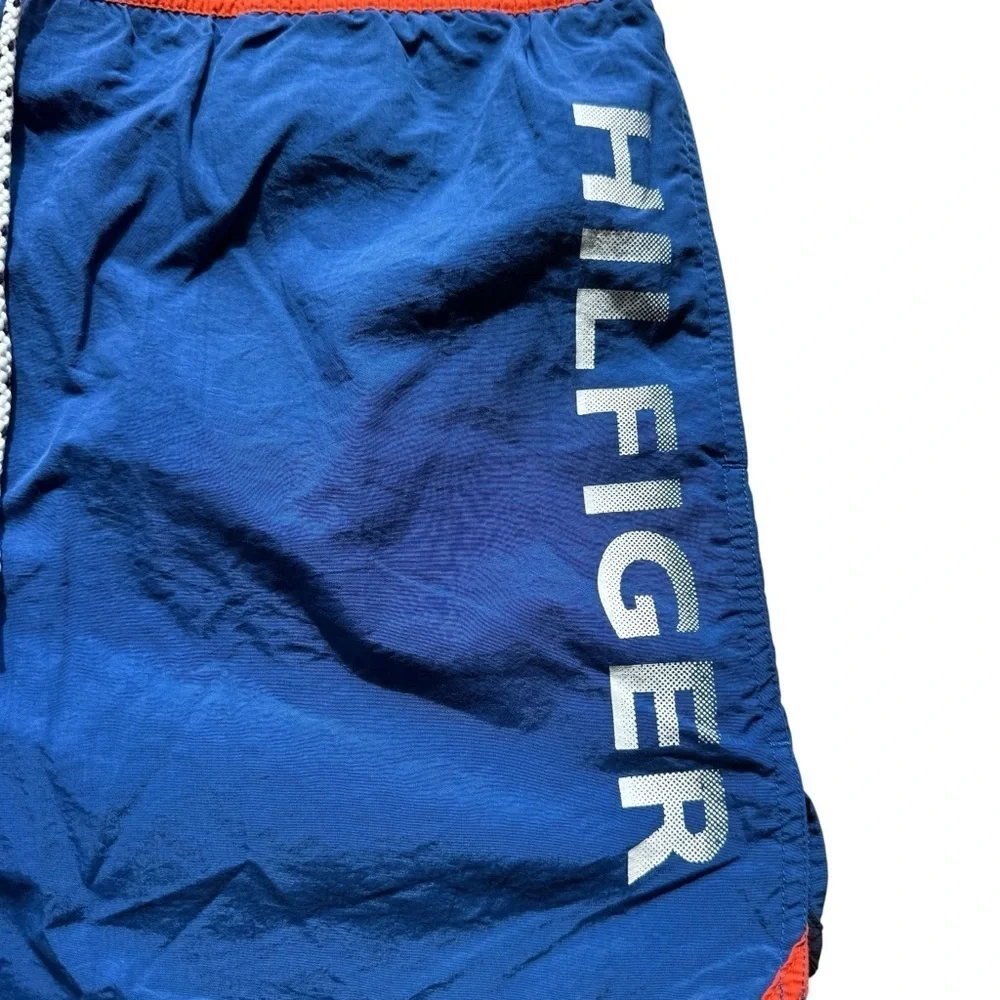 VINTAGE! 90’s Tommy Hilfiger 5” Men's Swim Trunks Blue & Orange Spell Out Logo